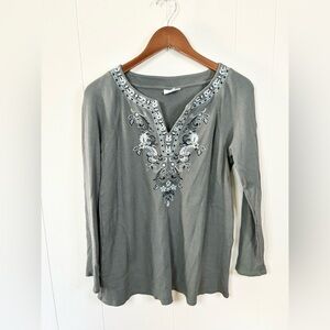 J Jill green blue embroidered floral waffle long sleeve top size SM tall